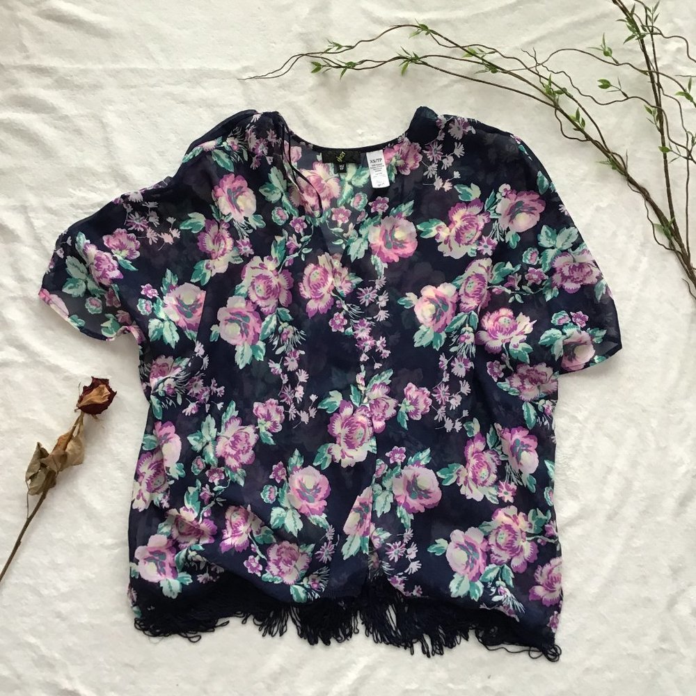 Floral Fringed Sheer Kimono Cardigan